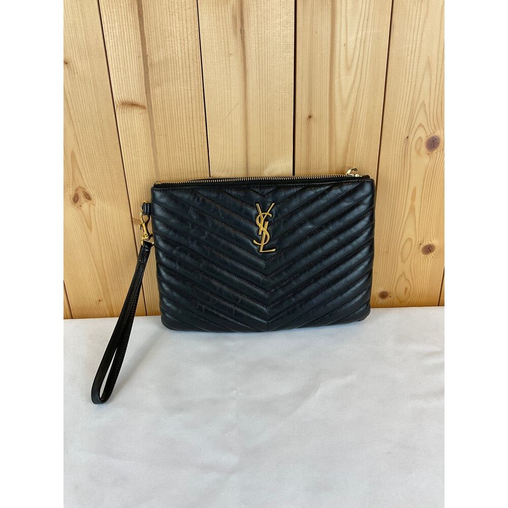 Saint Laurent Black Quilted Clutch,  PLB379039*0619, 9.5 x 6.5"